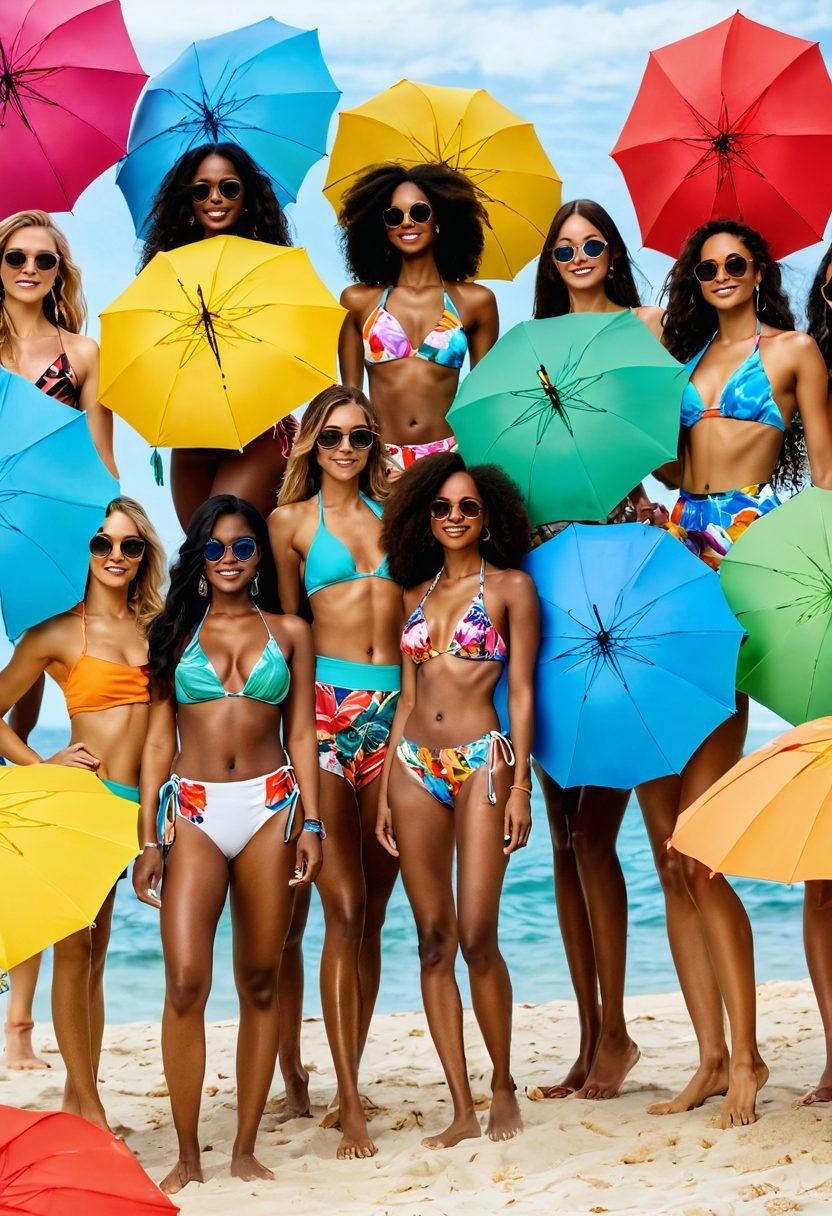 A vibrant beach scene featuring diverse models showcasing the latest bikini styles and swimwear trends of 2023. Bright sunshine, sparkling ocean waves, and colorful beach umbrellas create a lively atmosphere. Include stylish accessories like sunglasses and beach hats for added flair. The models should represent a variety of body types and ethnicities, celebrating inclusivity in fashion. tropical vibes. super-realistic. vibrant colors. white background.
